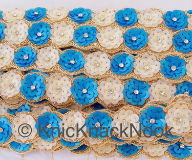 Blue And White Sequins Trim With Diamante Beads And Gold Embroidery, Floral Trims, Trimming